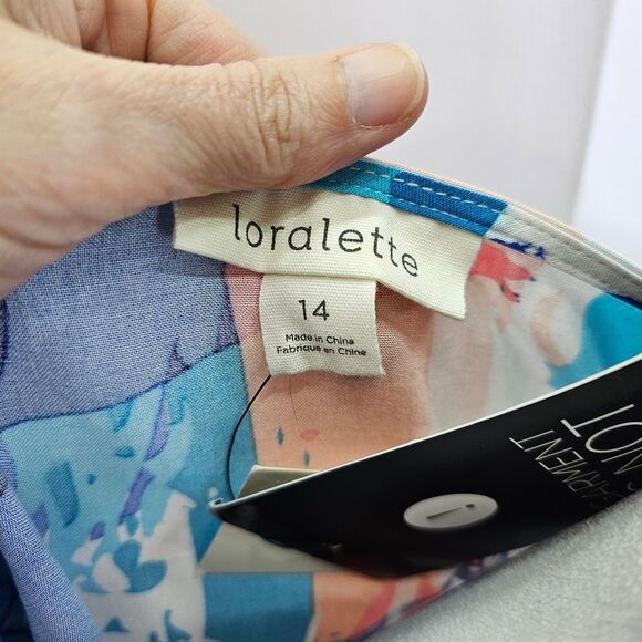 Loralette Blue Brushstroke Kata Print Tie Front Top Size 14 - Picture 7 of 14